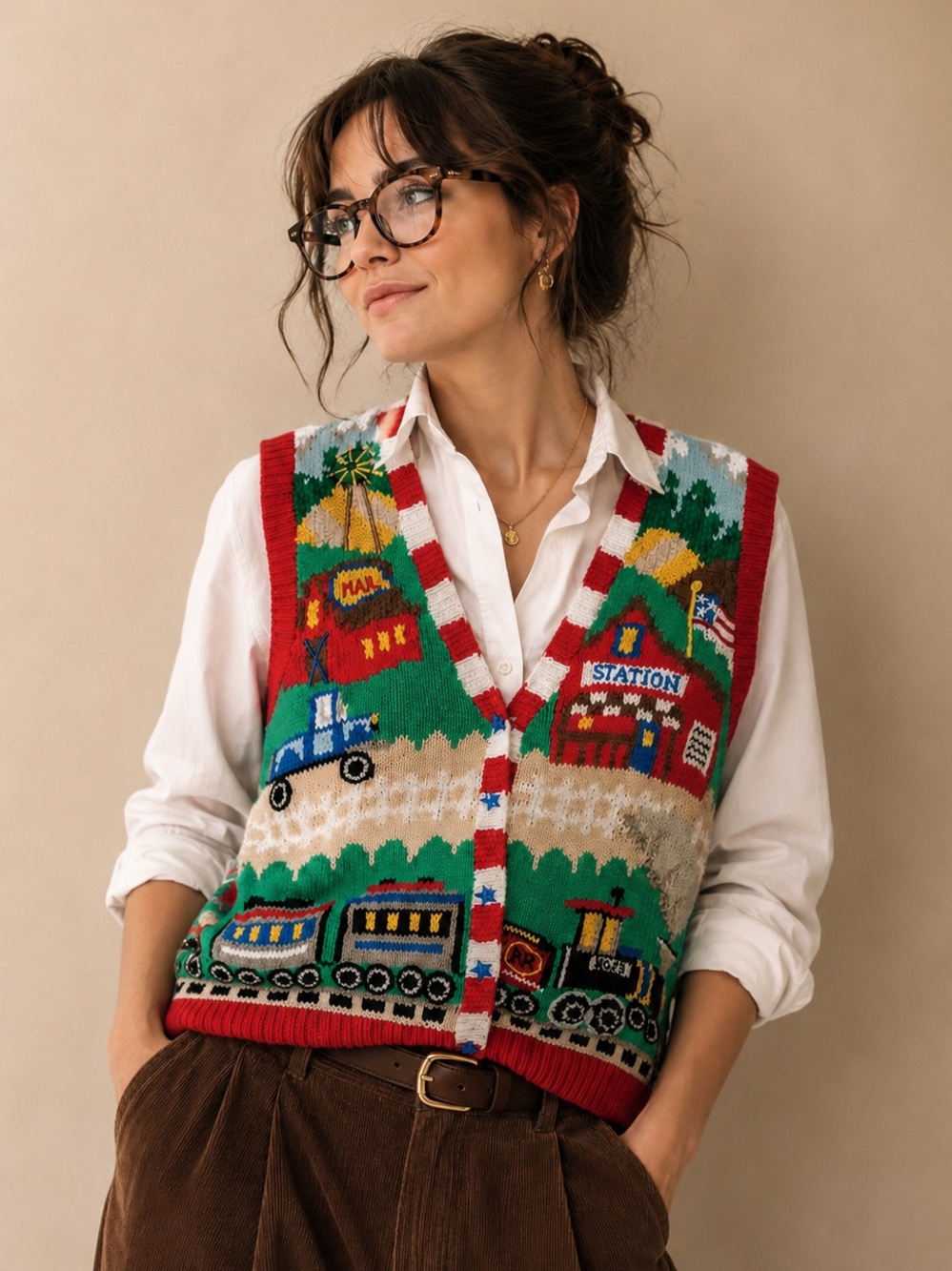 Vintage BellePointe Americana Train Knit Sweater Vest Whimsical Cottagecore